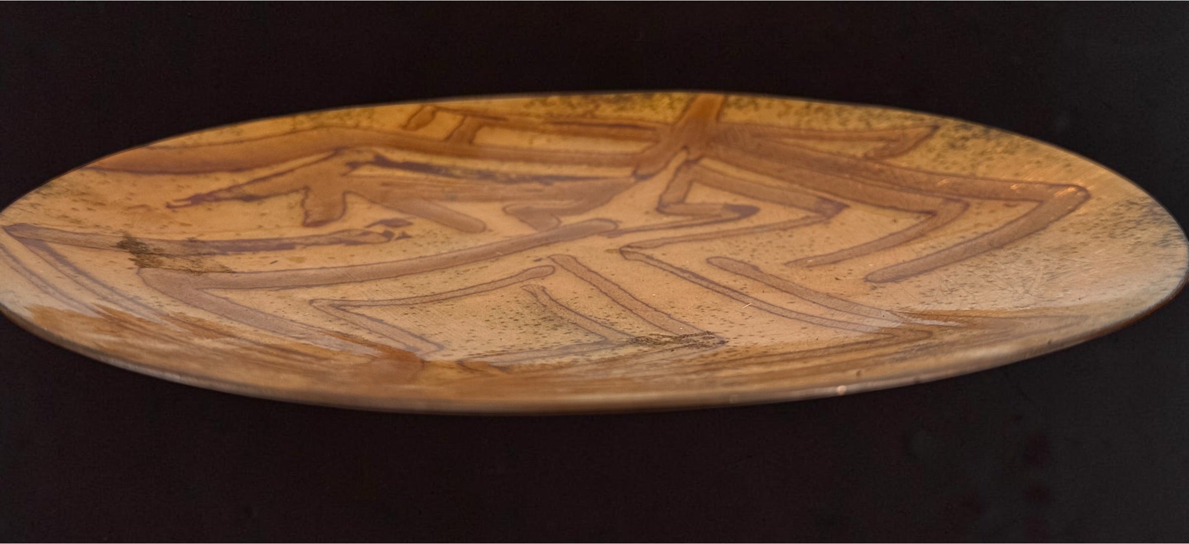 Vintage signed Rosenthal copper charger plate featuring an abstract etched design and rich patina. Mid-century modern studio art piece measuring 8.5 inches in diameter.
