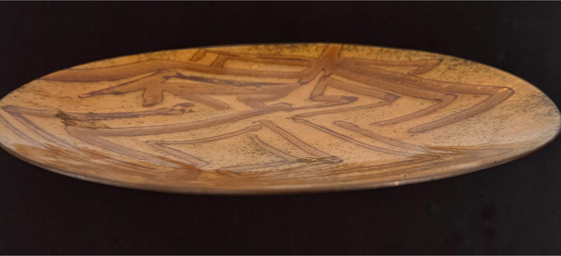Vintage signed Rosenthal copper charger plate featuring an abstract etched design and rich patina. Mid-century modern studio art piece measuring 8.5 inches in diameter.