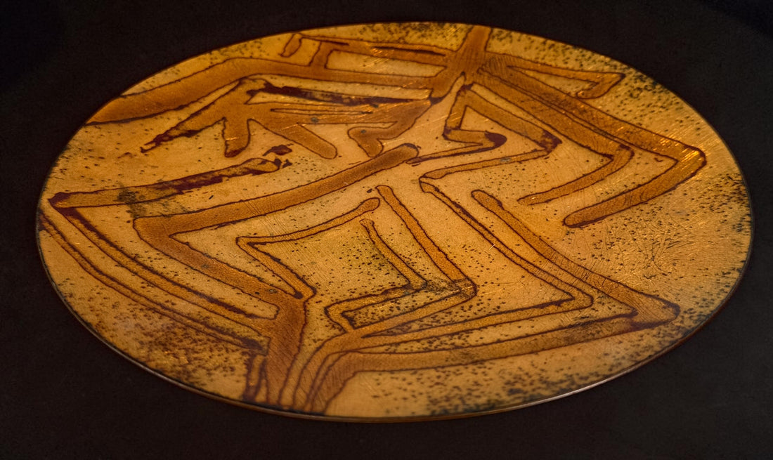 Vintage signed Rosenthal copper charger plate featuring an abstract etched design and rich patina. Mid-century modern studio art piece measuring 8.5 inches in diameter.