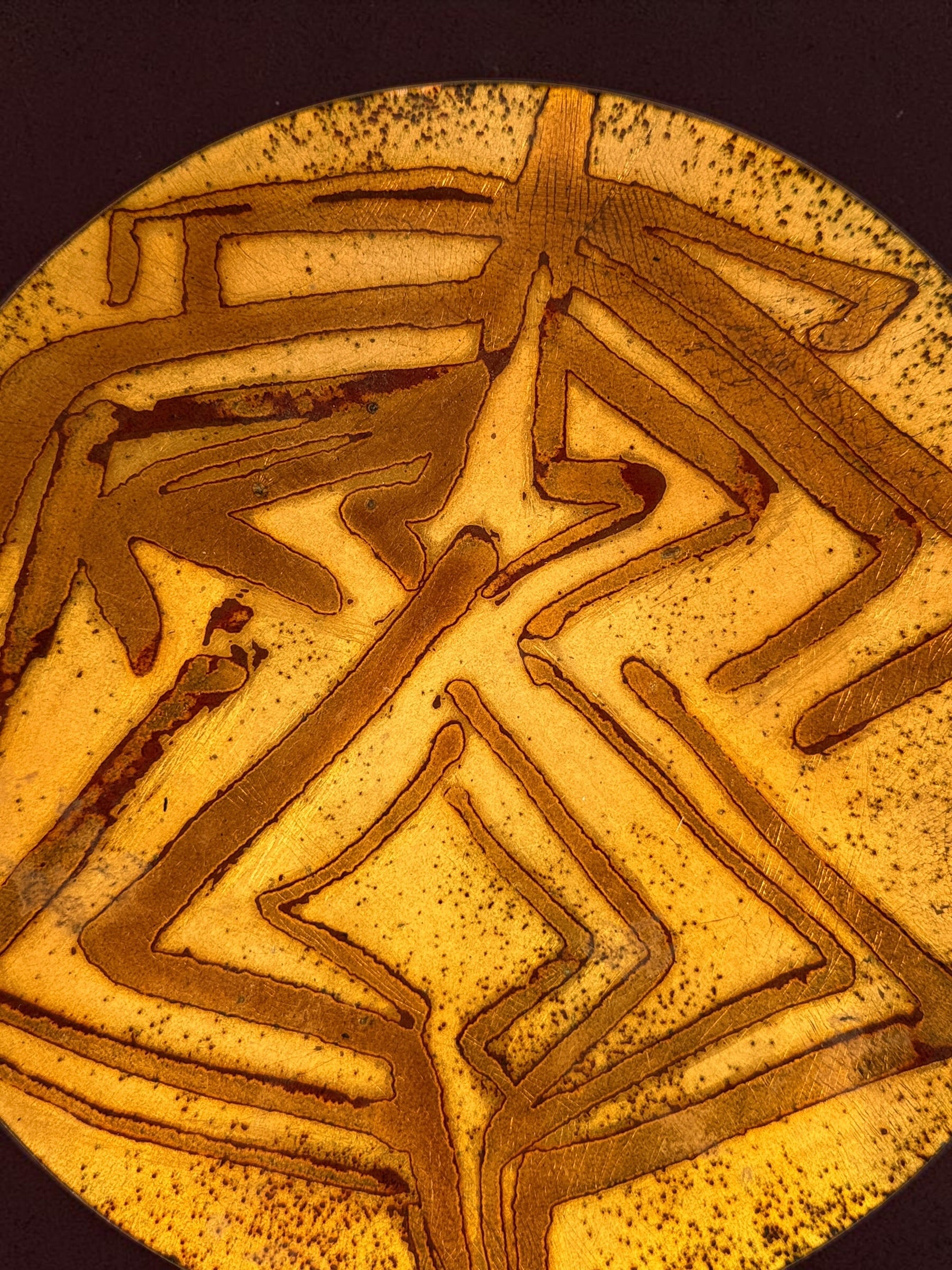 Vintage signed Rosenthal copper charger plate featuring an abstract etched design and rich patina. Mid-century modern studio art piece measuring 8.5 inches in diameter.