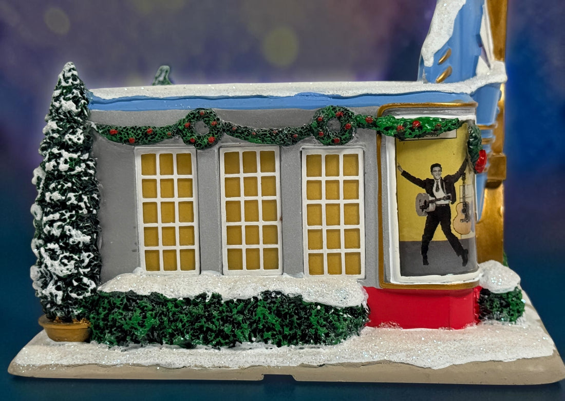 Official Hawthorne Village “Playing for Keeps” Guitar Store from the 2007 Elvis Presley Rock ‘n’ Roll Holiday Village collection featuring festive details and retro styling.