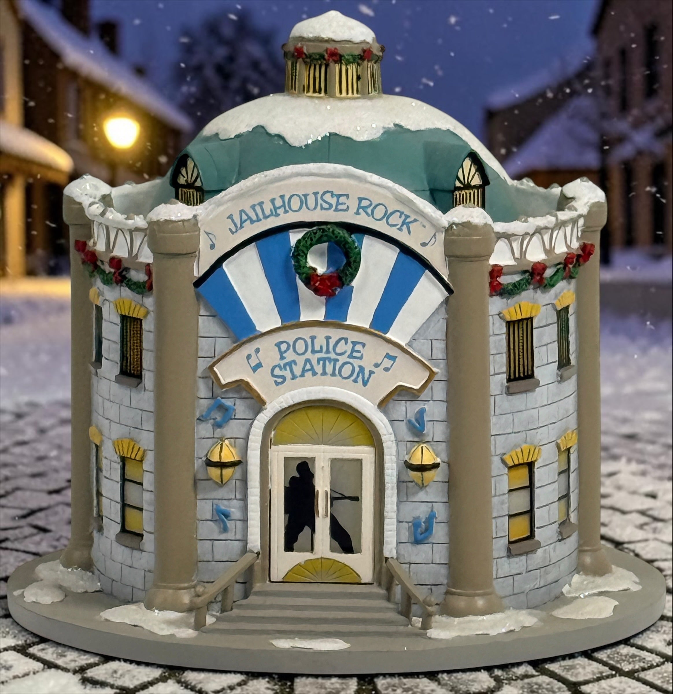 Authentic Hawthorne Village Jailhouse Rock Police Station from the Elvis Presley Rock ‘n’ Roll Holiday Village collection. Detailed hand-painted Christmas collectible sculpture.
