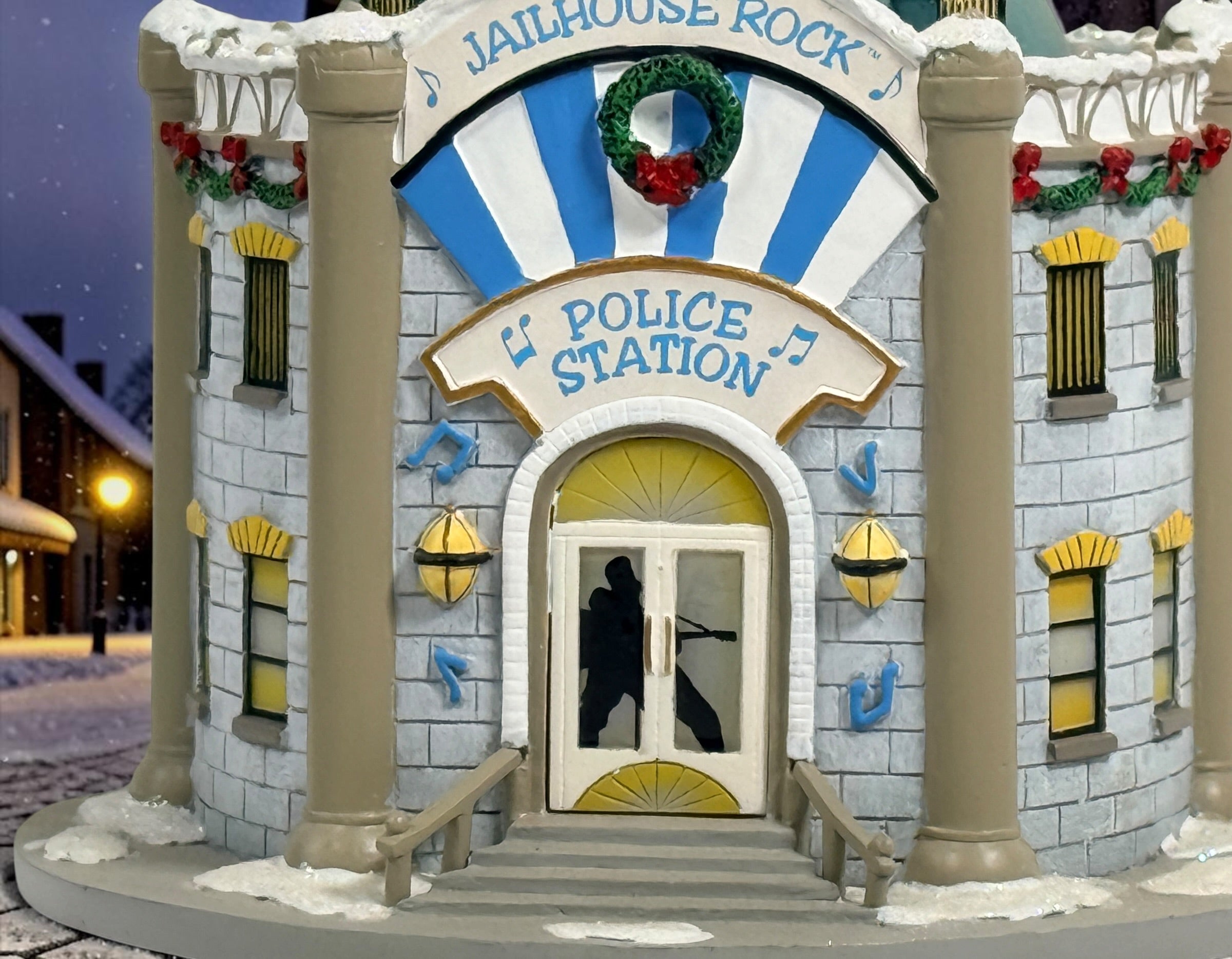 Authentic Hawthorne Village Jailhouse Rock Police Station from the Elvis Presley Rock ‘n’ Roll Holiday Village collection. Detailed hand-painted Christmas collectible sculpture.