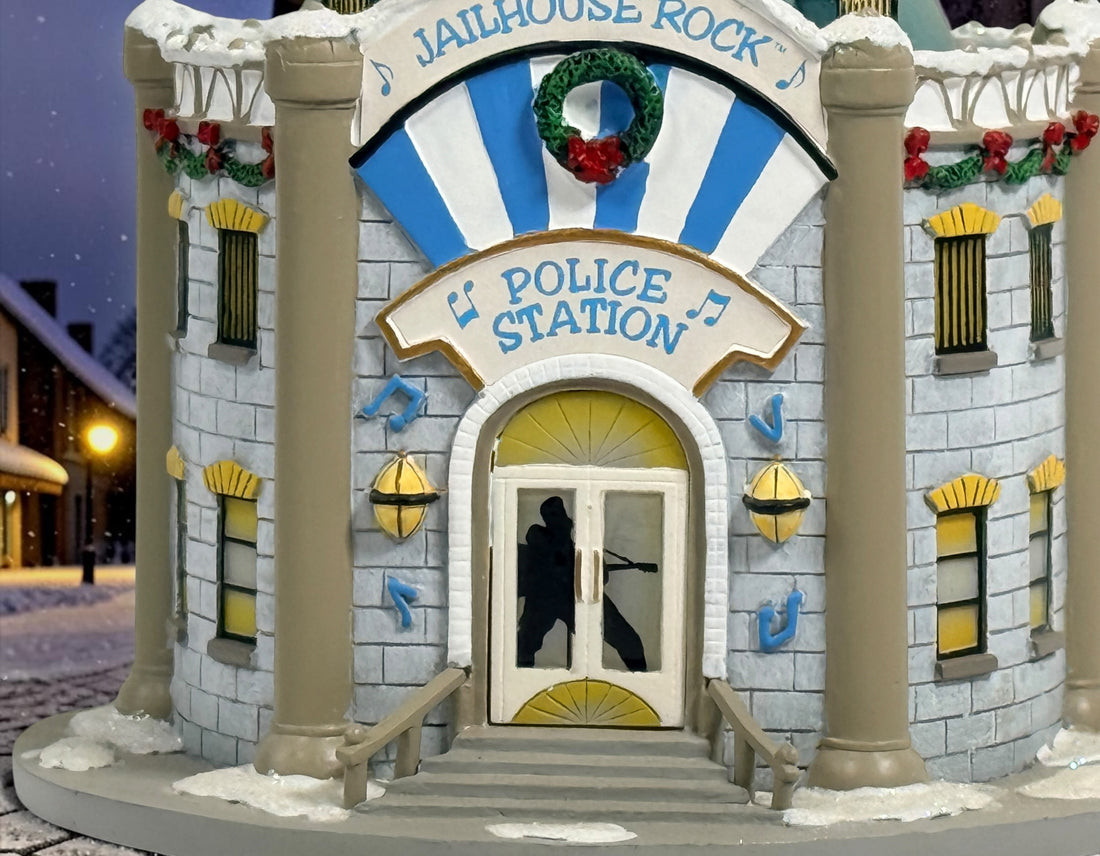 Authentic Hawthorne Village Jailhouse Rock Police Station from the Elvis Presley Rock ‘n’ Roll Holiday Village collection. Detailed hand-painted Christmas collectible sculpture.