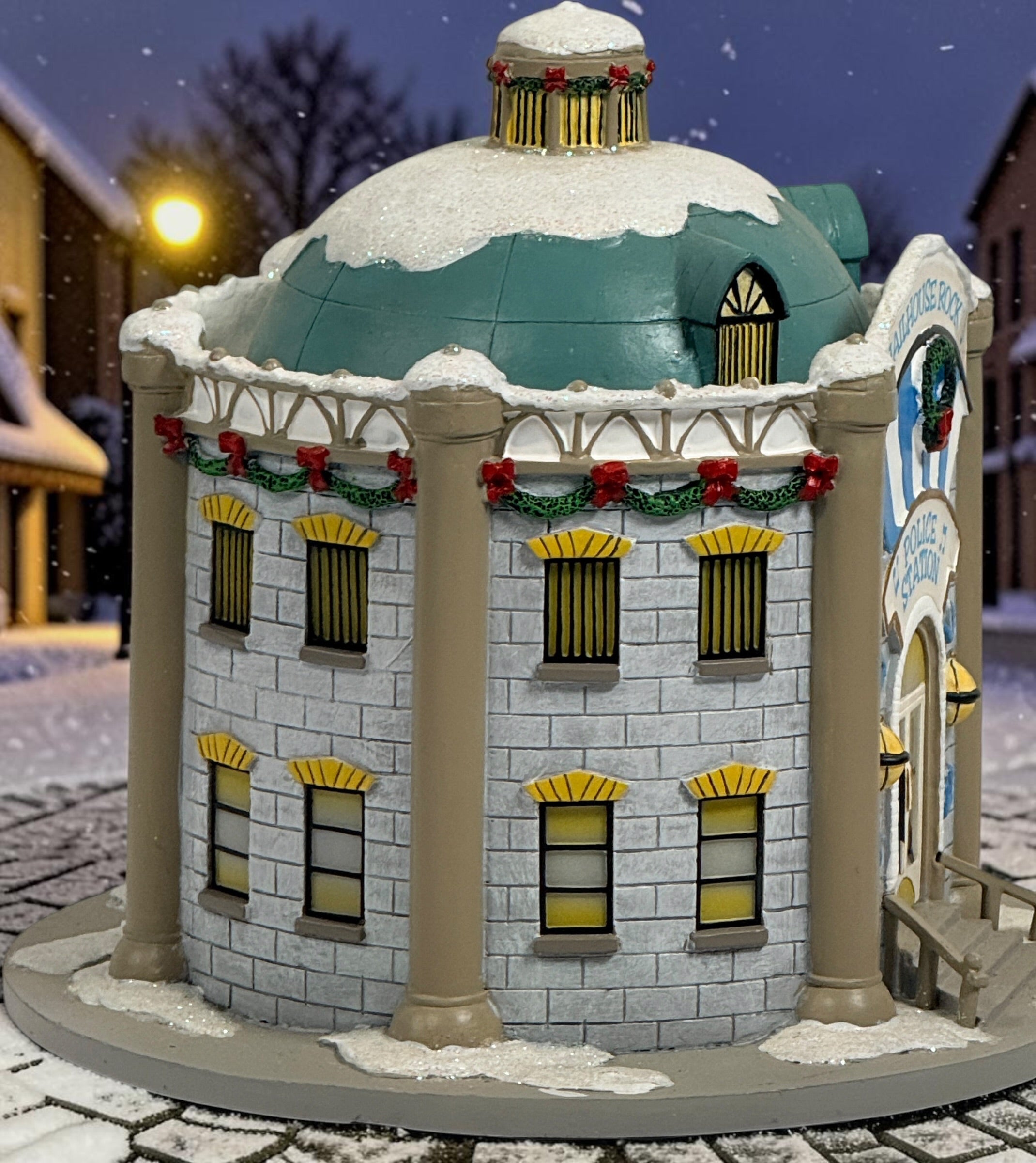 Authentic Hawthorne Village Jailhouse Rock Police Station from the Elvis Presley Rock ‘n’ Roll Holiday Village collection. Detailed hand-painted Christmas collectible sculpture.