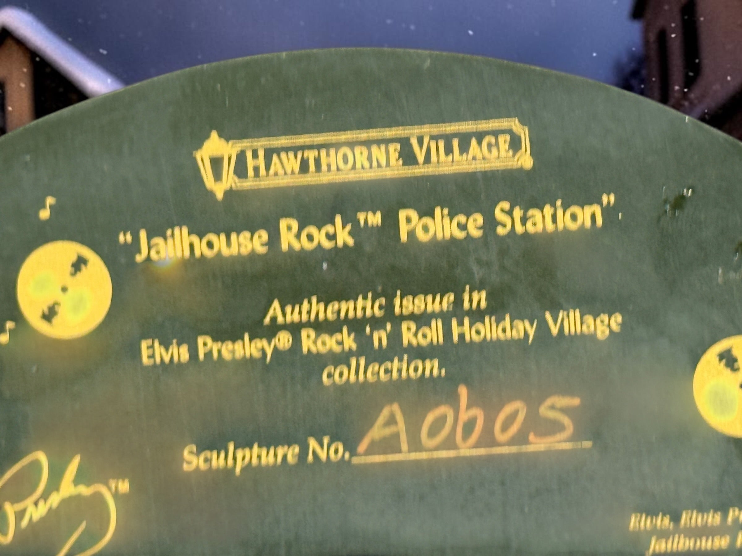 Authentic Hawthorne Village Jailhouse Rock Police Station from the Elvis Presley Rock ‘n’ Roll Holiday Village collection. Detailed hand-painted Christmas collectible sculpture.