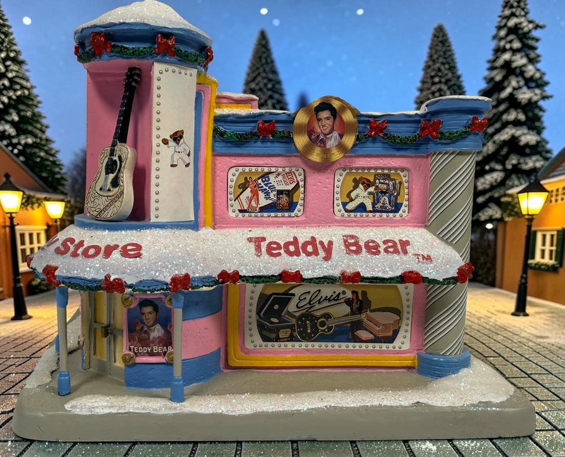 Hawthorne Village Elvis Presley Teddy Bear Toy Store from the 2006 Rock ’n’ Roll Holiday Village. Sculpture A0628. Untested, light cord missing.