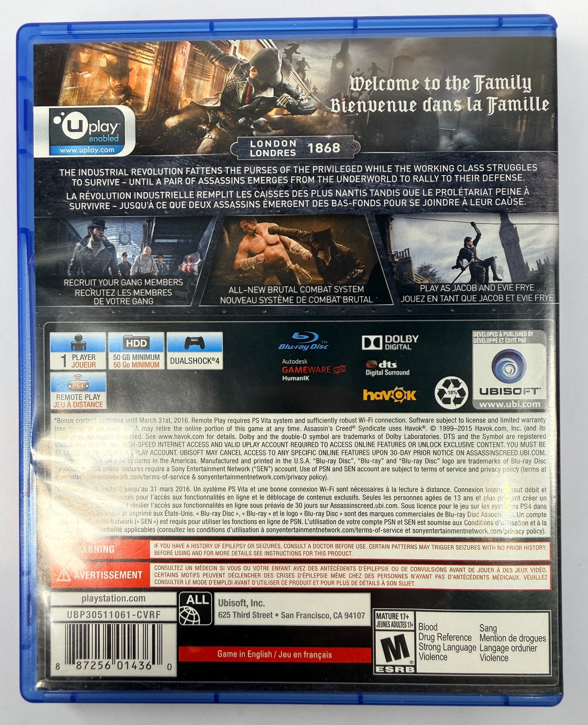 Assassin’s Creed Syndicate PS4 Canadian PlayStation Exclusive edition with 10 bonus missions, original case, disc and inserts. Ubisoft 2015.
