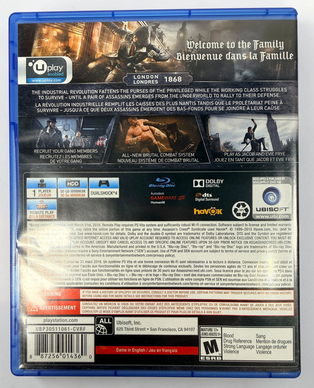 Assassin’s Creed Syndicate PS4 Canadian PlayStation Exclusive edition with 10 bonus missions, original case, disc and inserts. Ubisoft 2015.
