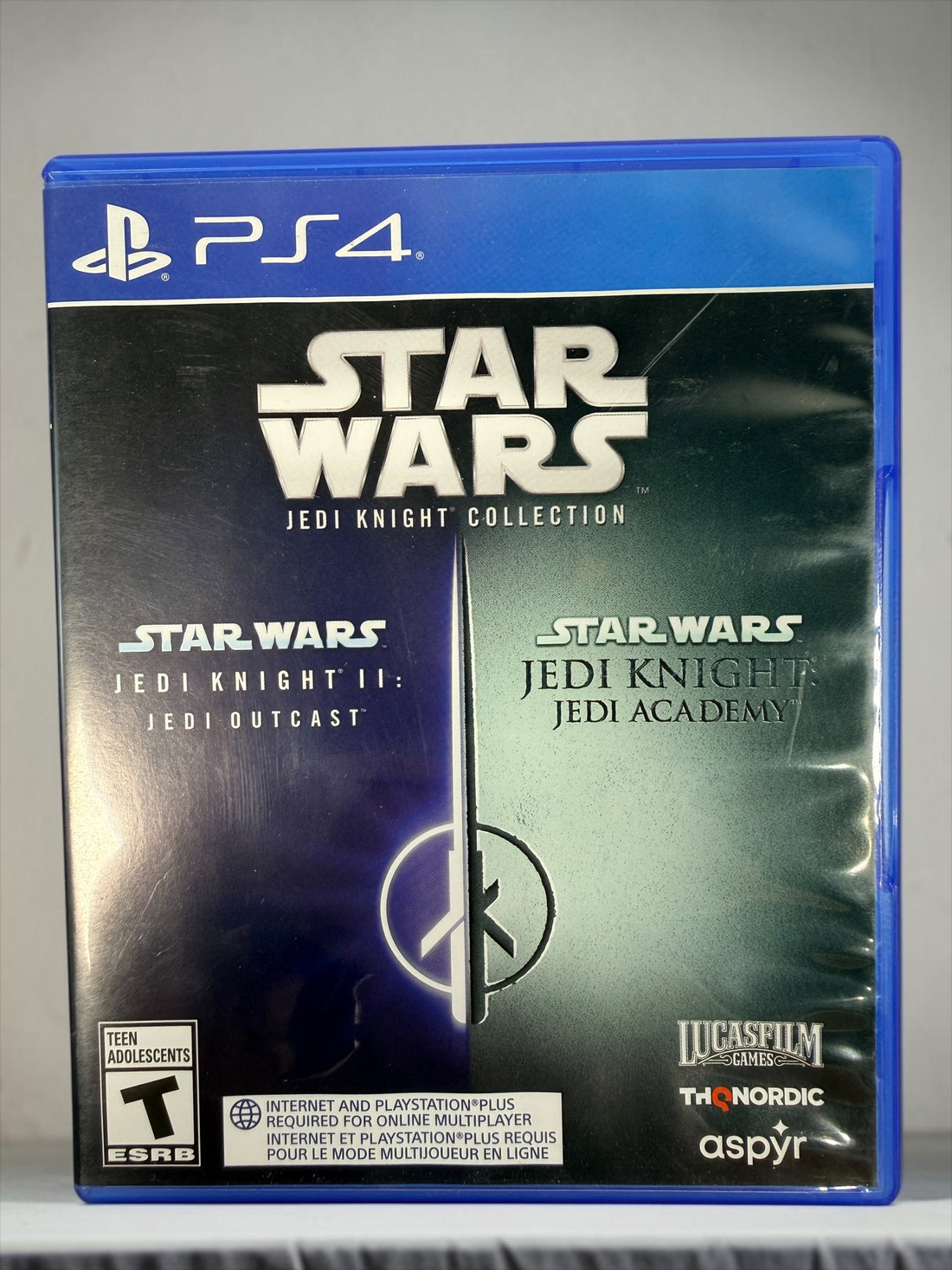 Star Wars Jedi Knight Collection for PS4 with Jedi Outcast and Jedi Academy on one disc. 2021 THQ Nordic/Aspyr physical release.