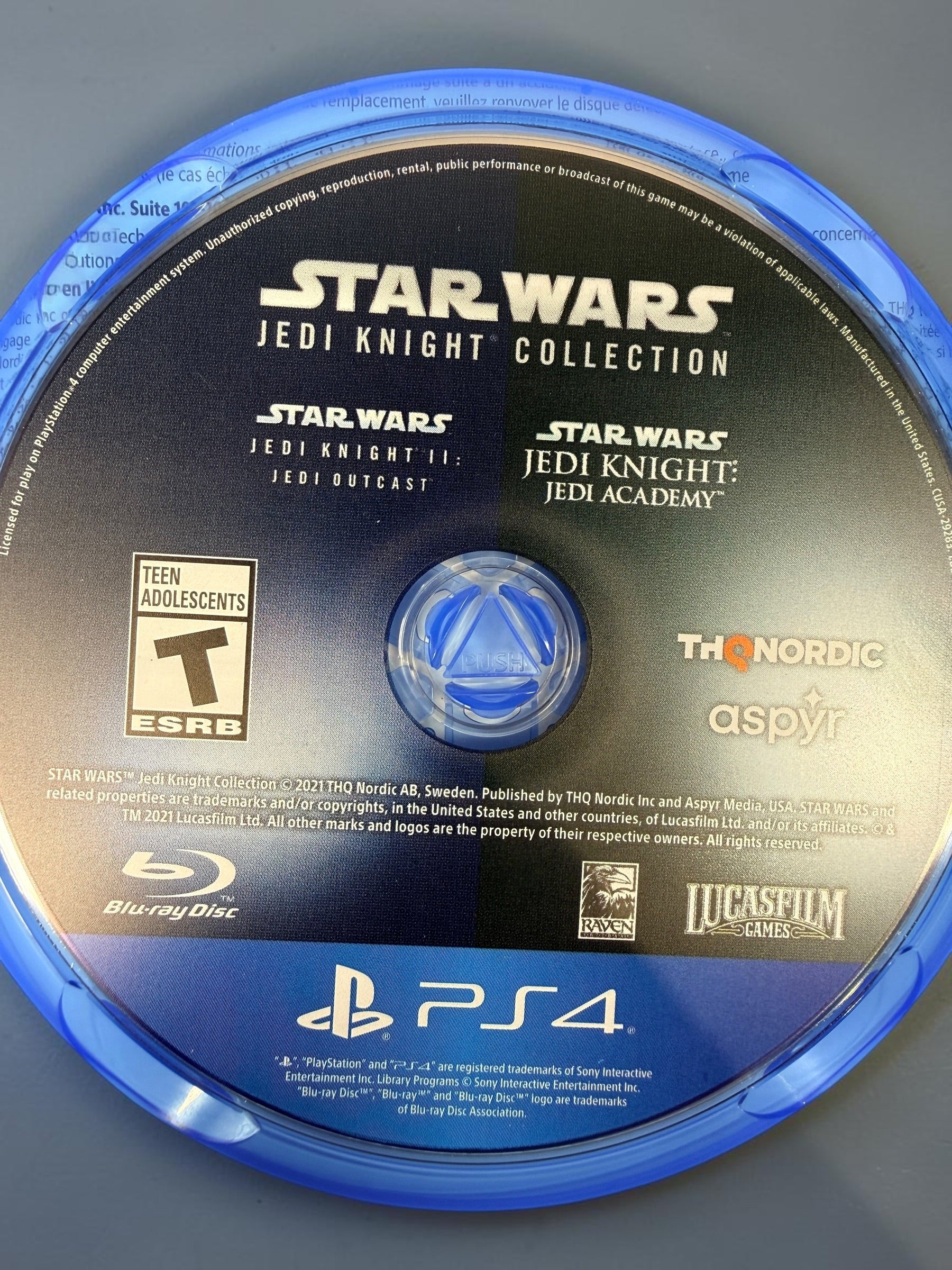 Star Wars Jedi Knight Collection for PS4 with Jedi Outcast and Jedi Academy on one disc. 2021 THQ Nordic/Aspyr physical release.