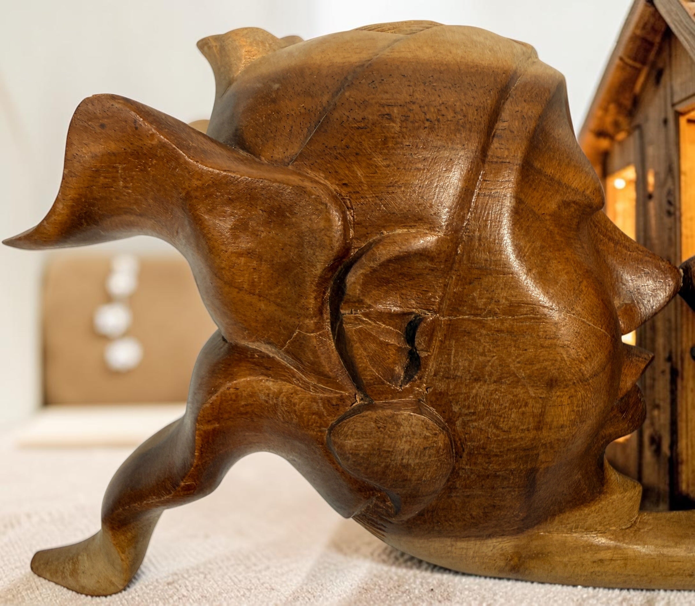Vintage 8.5-inch Balinese kissing couple sculpture, hand carved in Indonesia from solid wood. Romantic Indonesian folk art with warm natural finish.