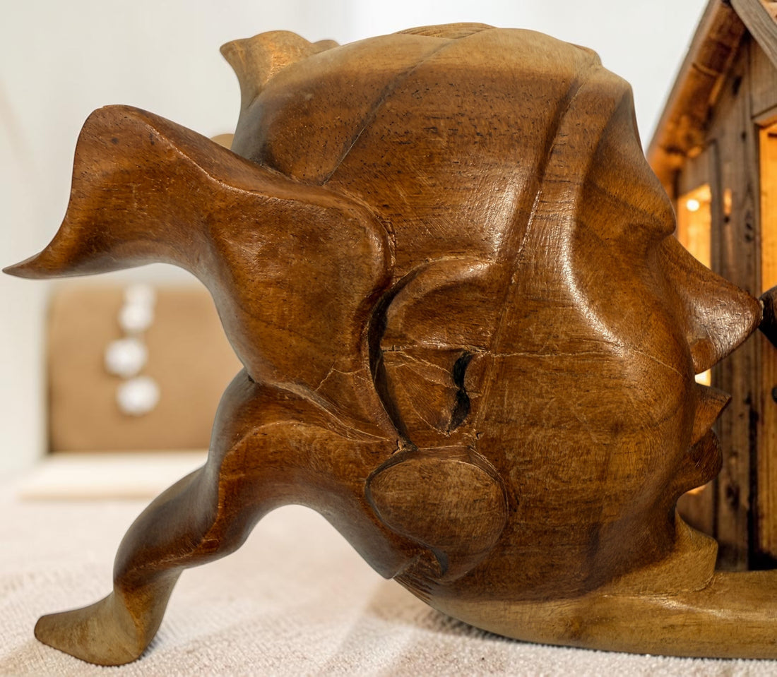 Vintage 8.5-inch Balinese kissing couple sculpture, hand carved in Indonesia from solid wood. Romantic Indonesian folk art with warm natural finish.