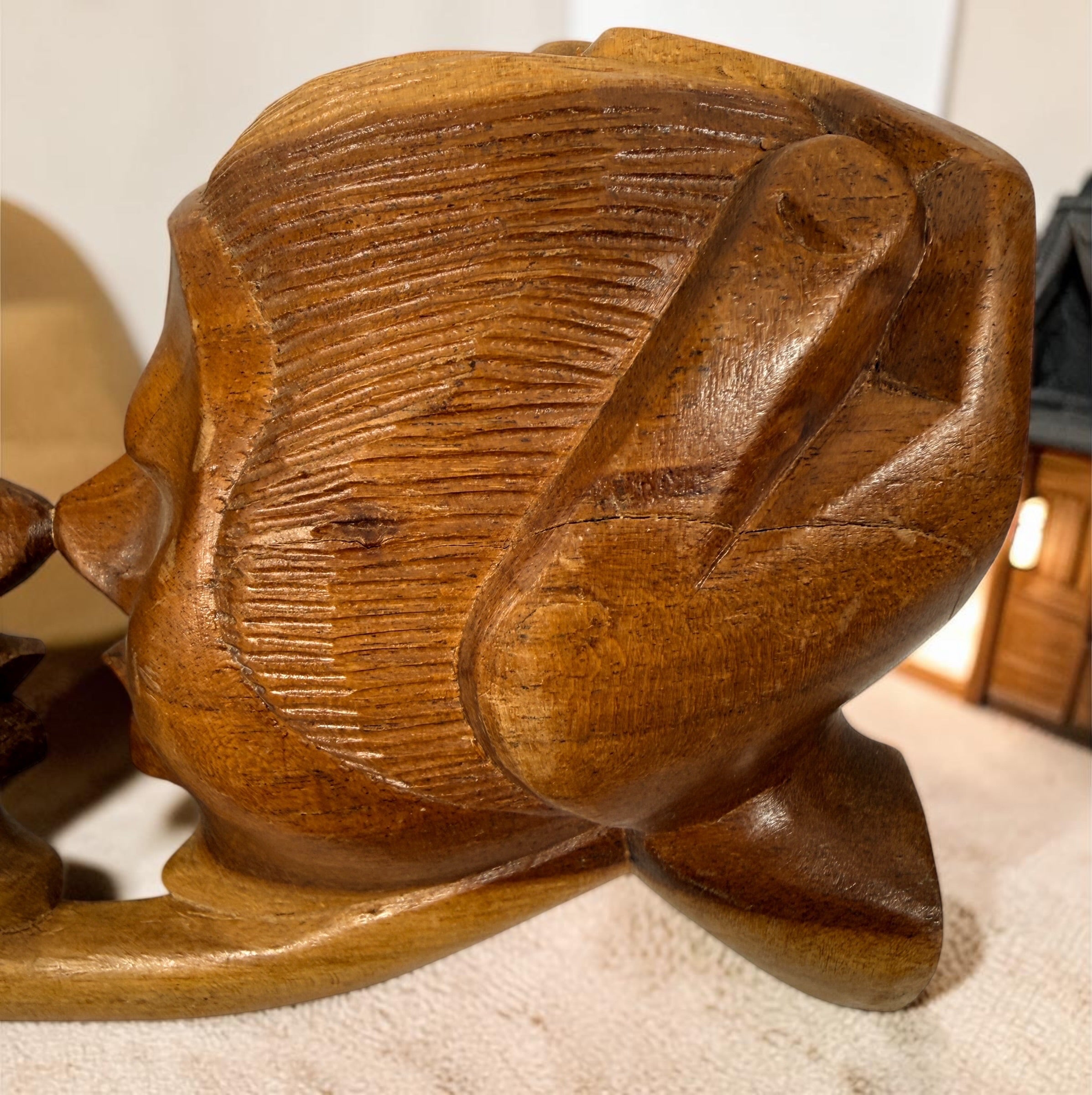 Vintage 8.5-inch Balinese kissing couple sculpture, hand carved in Indonesia from solid wood. Romantic Indonesian folk art with warm natural finish.