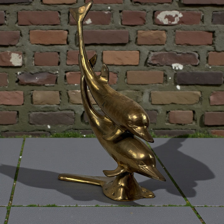 Vintage , Mid-Century Brass Dolphin Sculpture 13.5 Inch Hollywood Regency