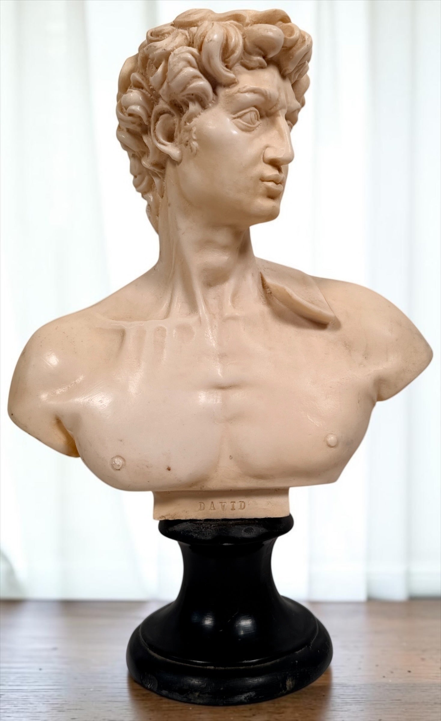 Vintage A. Santini Michelangelo David bust, made in Italy with faux-alabaster finish and black pedestal base. Classic Italian decorative sculpture.