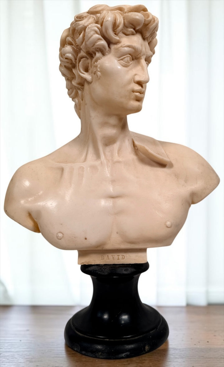 Vintage A. Santini Michelangelo David bust, made in Italy with faux-alabaster finish and black pedestal base. Classic Italian decorative sculpture.