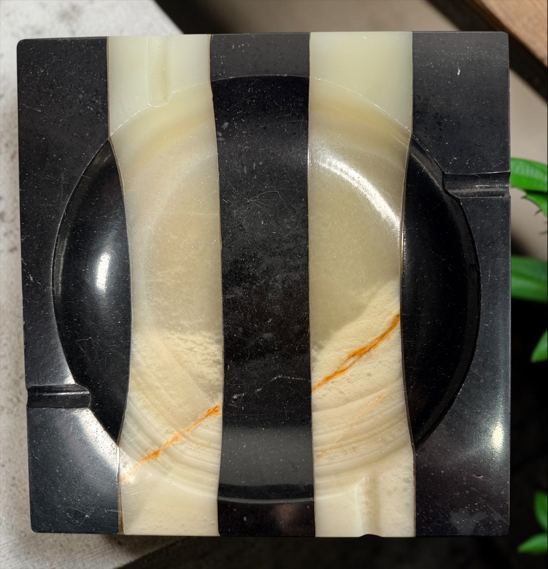 Vintage 1930s Art Deco marble ashtray attributed to Germany, with bold black and cream geometric stripes, natural stone veining and substantial construction.