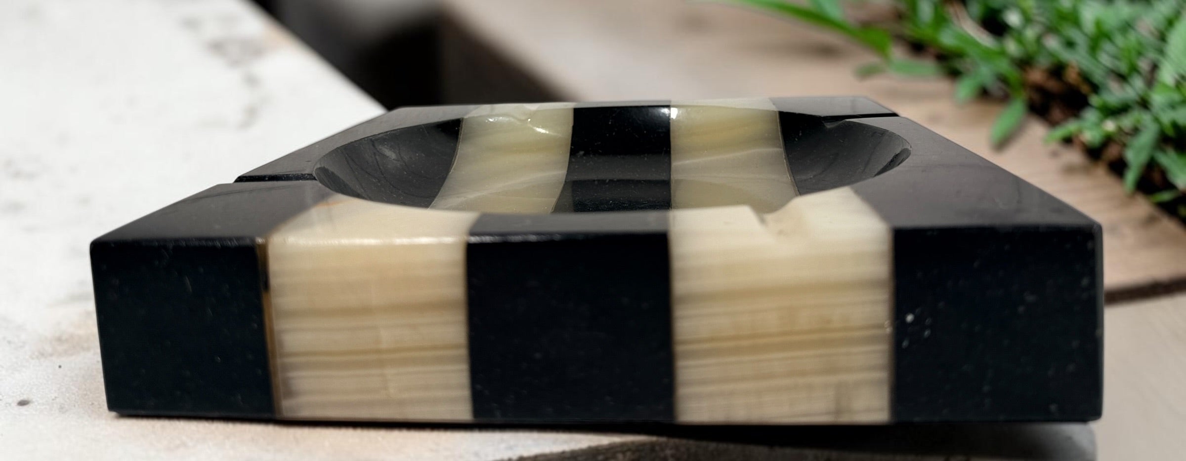 Vintage 1930s Art Deco marble ashtray attributed to Germany, with bold black and cream geometric stripes, natural stone veining and substantial construction.