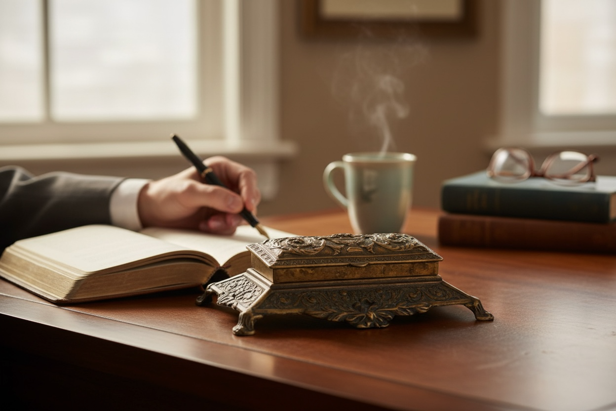 Vintage Italian cast metal desk stamp box in antique Victorian style with divided interior and aged bronze finish. Decorative postal desk accessory.