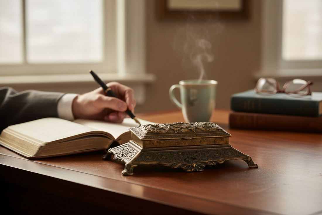 Vintage Italian cast metal desk stamp box in antique Victorian style with divided interior and aged bronze finish. Decorative postal desk accessory.