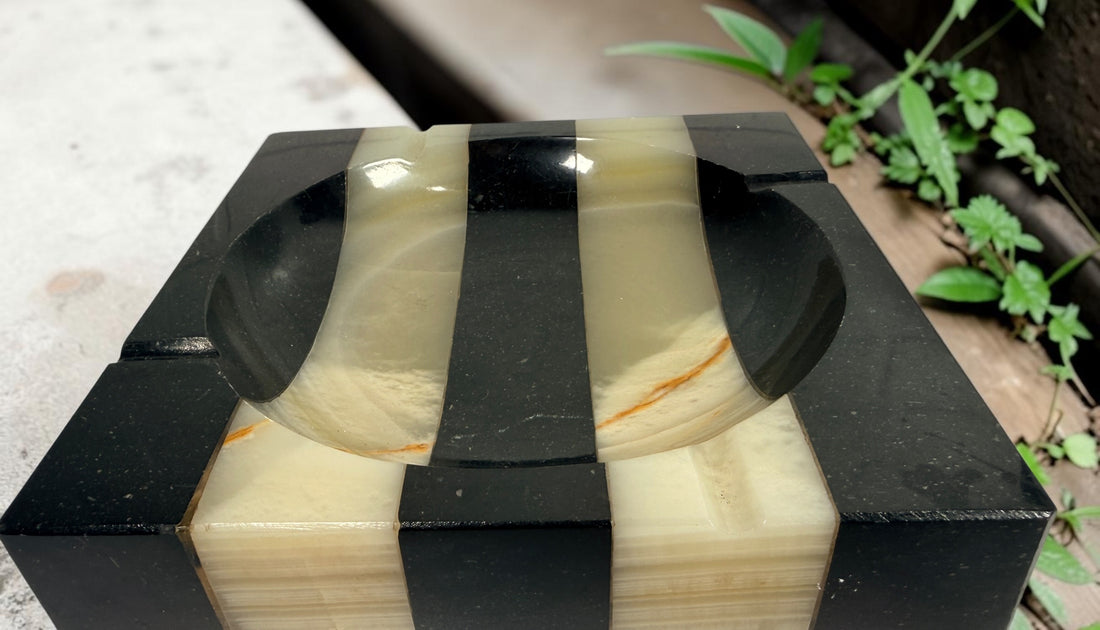 Vintage 1930s Art Deco marble ashtray attributed to Germany, with bold black and cream geometric stripes, natural stone veining and substantial construction.