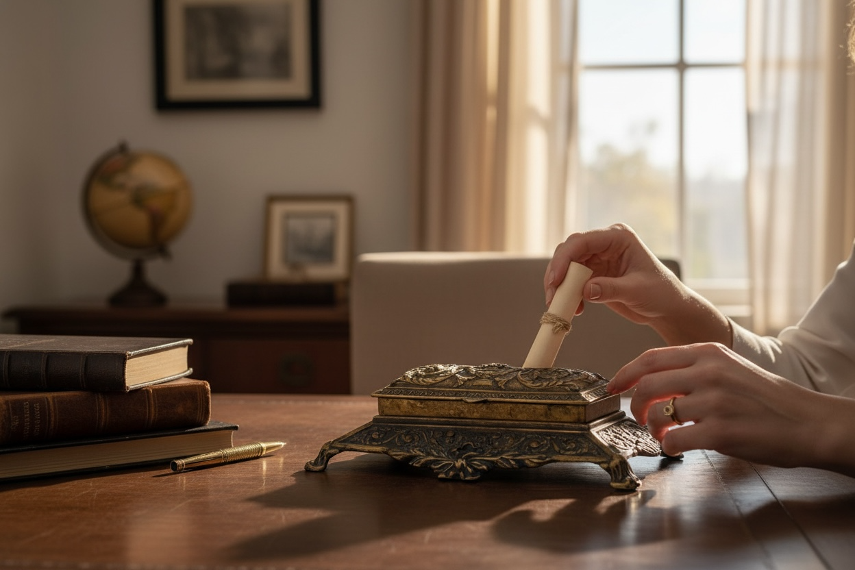 Vintage Italian cast metal desk stamp box in antique Victorian style with divided interior and aged bronze finish. Decorative postal desk accessory.