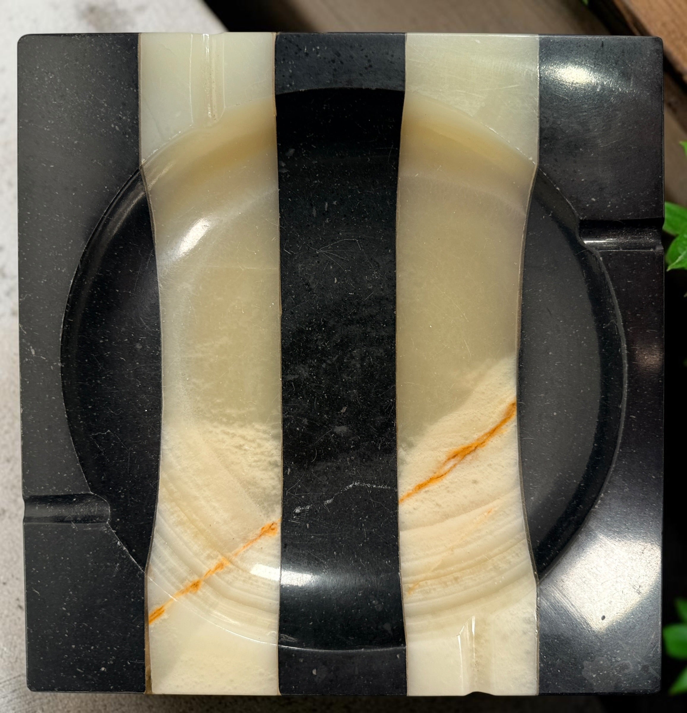 Vintage 1930s Art Deco marble ashtray attributed to Germany, with bold black and cream geometric stripes, natural stone veining and substantial construction.