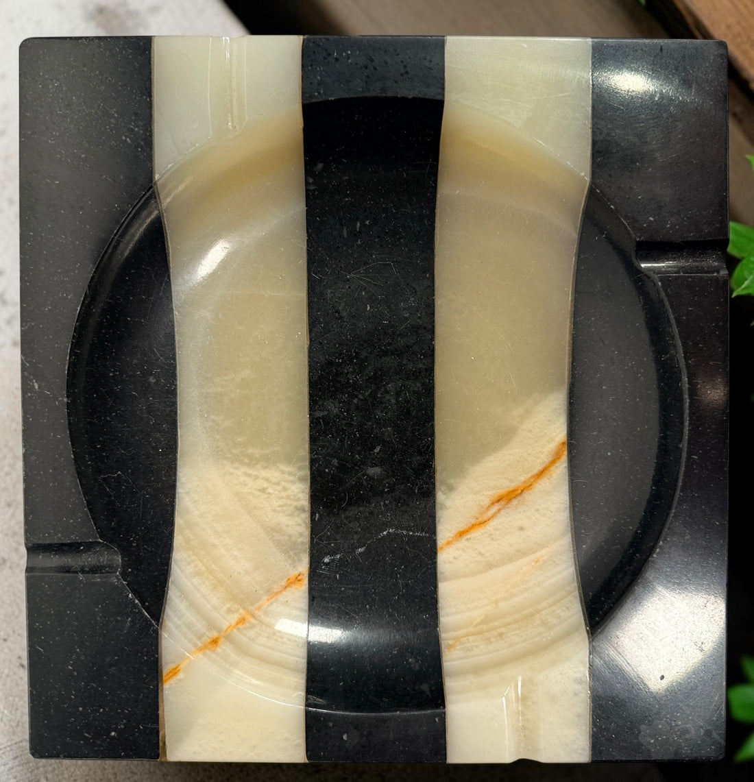 Vintage 1930s Art Deco marble ashtray attributed to Germany, with bold black and cream geometric stripes, natural stone veining and substantial construction.