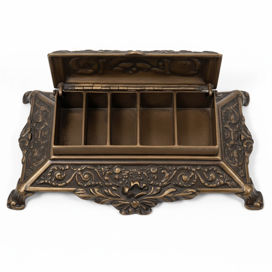 Vintage Italian cast metal desk stamp box in antique Victorian style with divided interior and aged bronze finish. Decorative postal desk accessory.