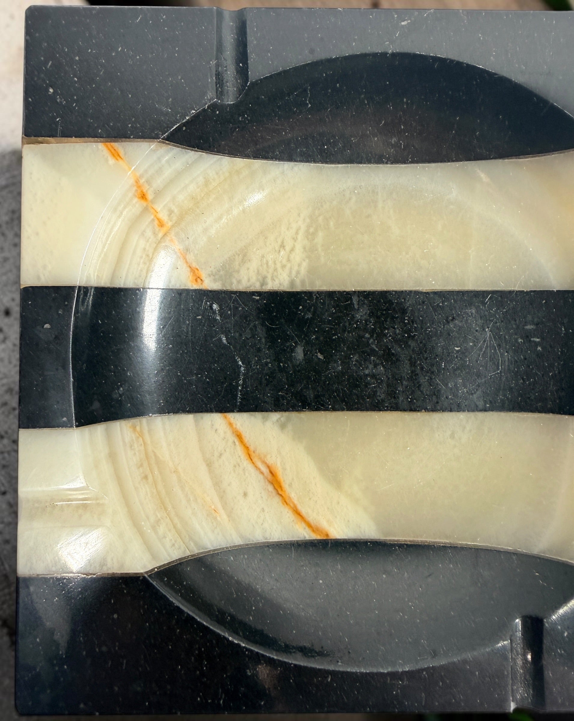 Vintage 1930s Art Deco marble ashtray attributed to Germany, with bold black and cream geometric stripes, natural stone veining and substantial construction.
