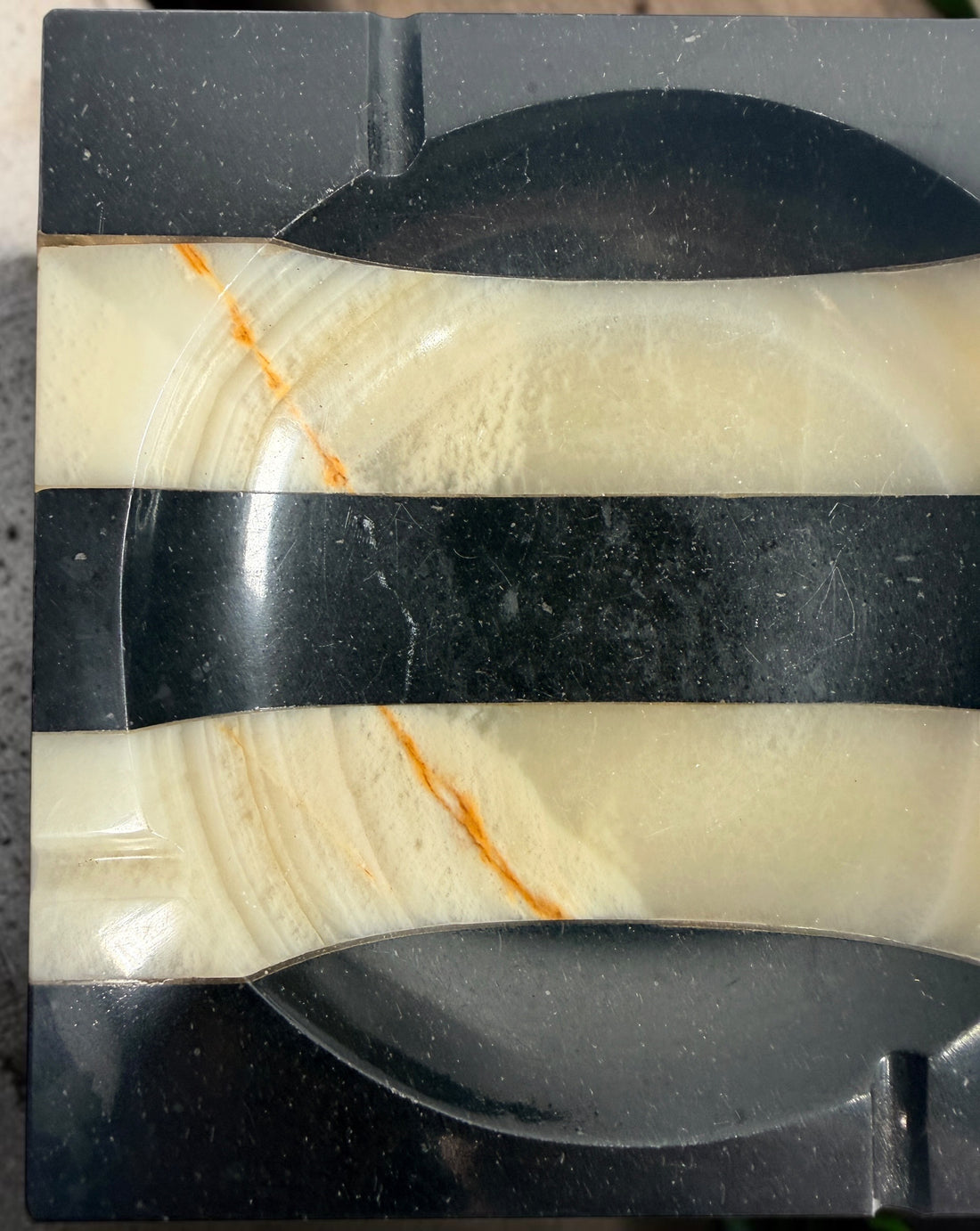 Vintage 1930s Art Deco marble ashtray attributed to Germany, with bold black and cream geometric stripes, natural stone veining and substantial construction.