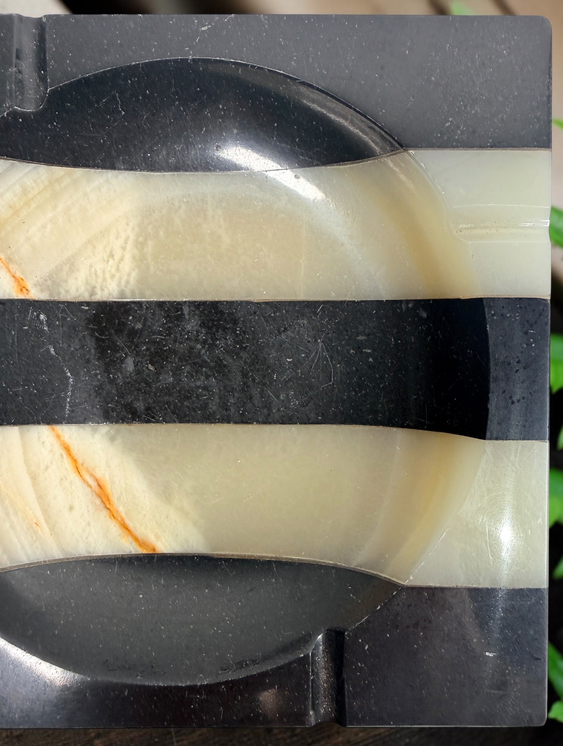 Vintage 1930s Art Deco marble ashtray attributed to Germany, with bold black and cream geometric stripes, natural stone veining and substantial construction.