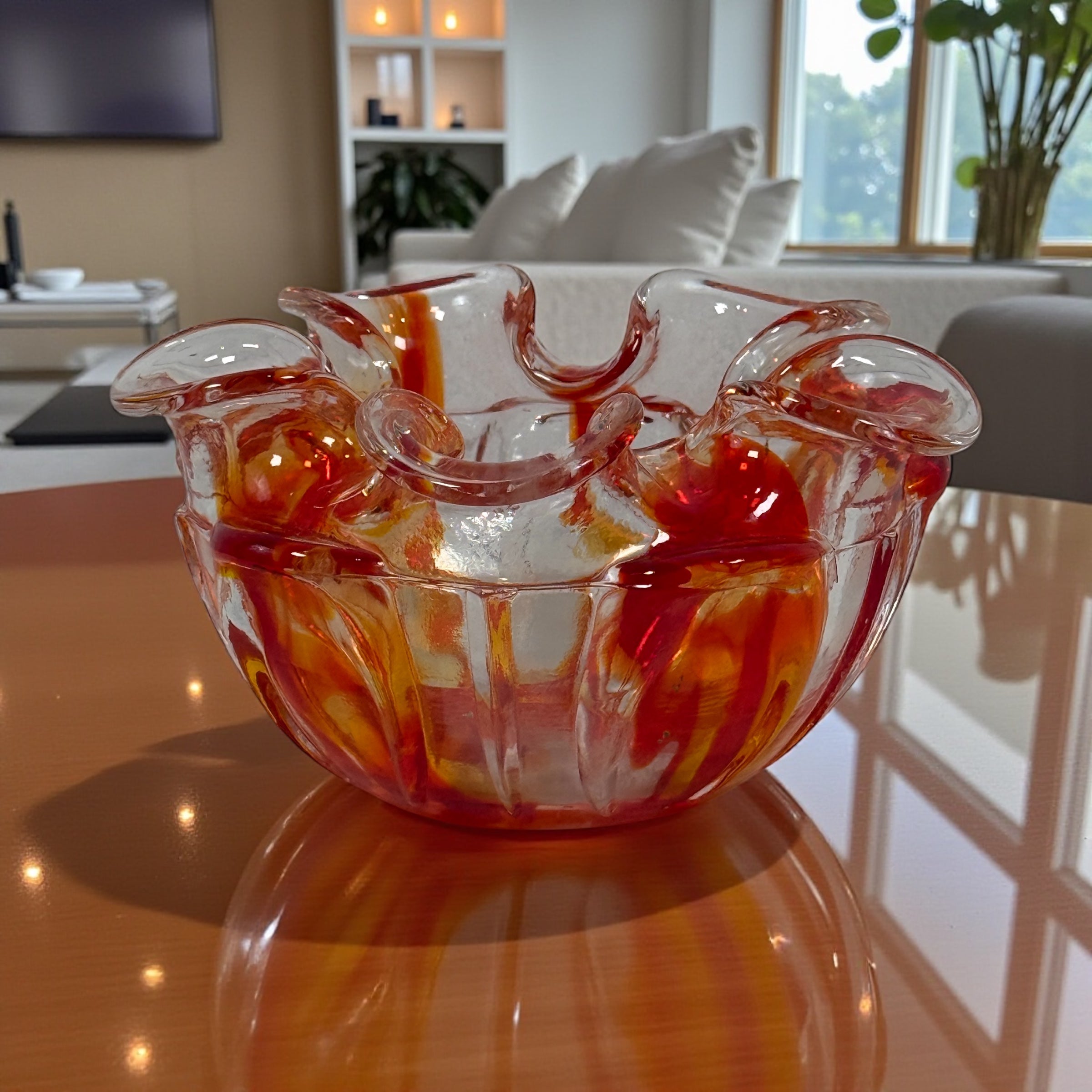 Vintage Murano-style Italian sommerso art glass bowl with red and amber encased glass and folded rim. Hand-blown decorative bowl, 6 inches wide.