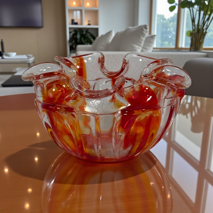 Vintage Murano-style Italian sommerso art glass bowl with red and amber encased glass and folded rim. Hand-blown decorative bowl, 6 inches wide.