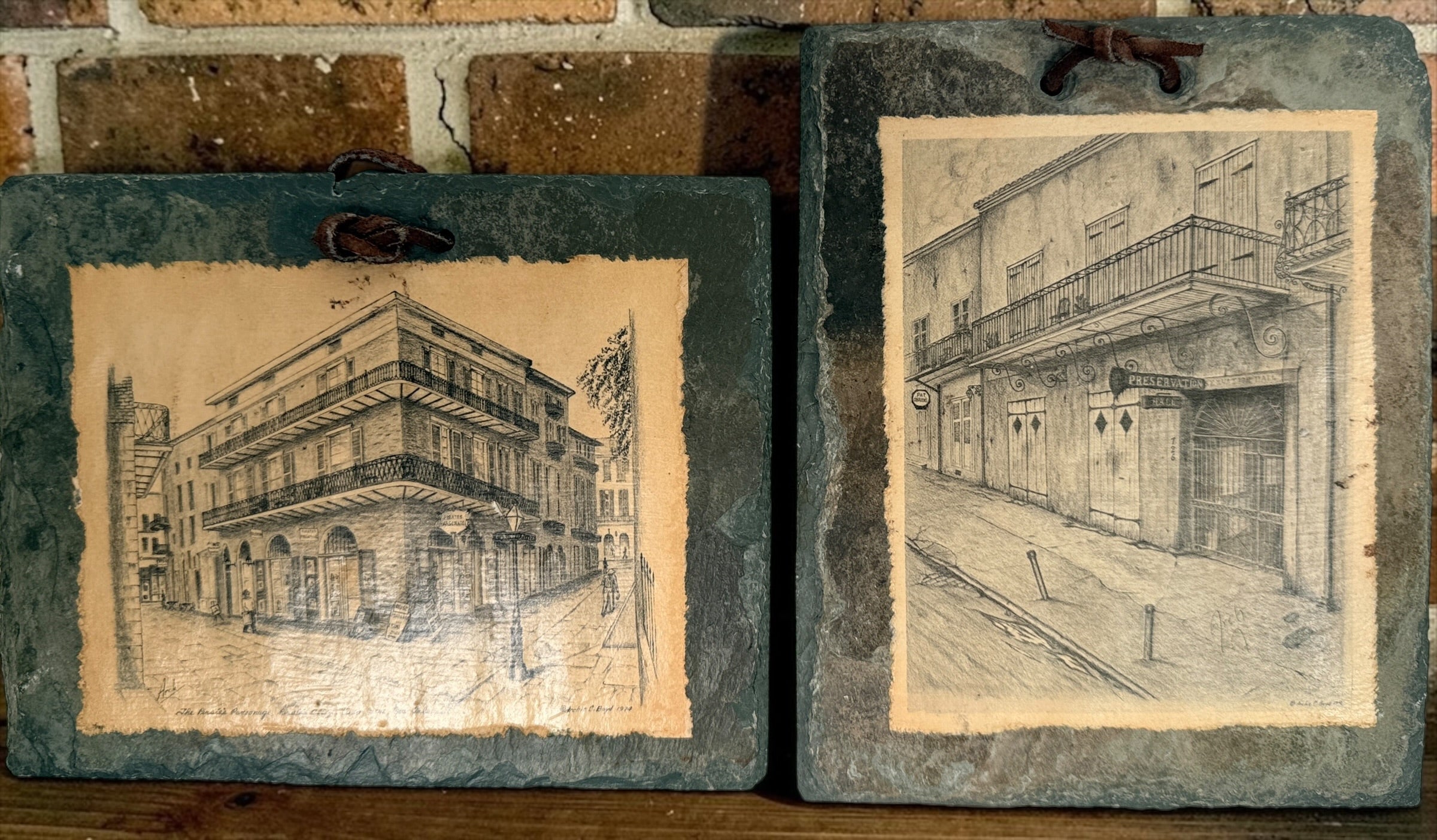 Vintage Archie C. Boyd New Orleans architectural prints mounted on reclaimed antique slate, featuring Preservation Hall and historic French Quarter scenes.