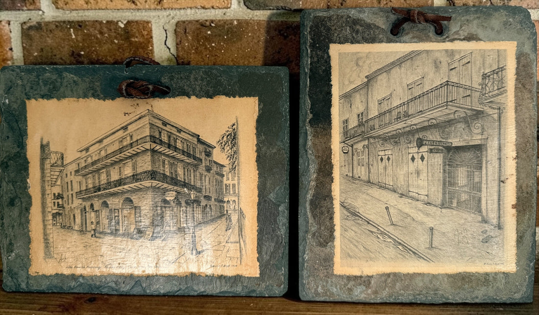 Vintage Archie C. Boyd New Orleans architectural prints mounted on reclaimed antique slate, featuring Preservation Hall and historic French Quarter scenes.