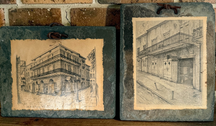 Vintage Archie C. Boyd New Orleans architectural prints mounted on reclaimed antique slate, featuring Preservation Hall and historic French Quarter scenes.