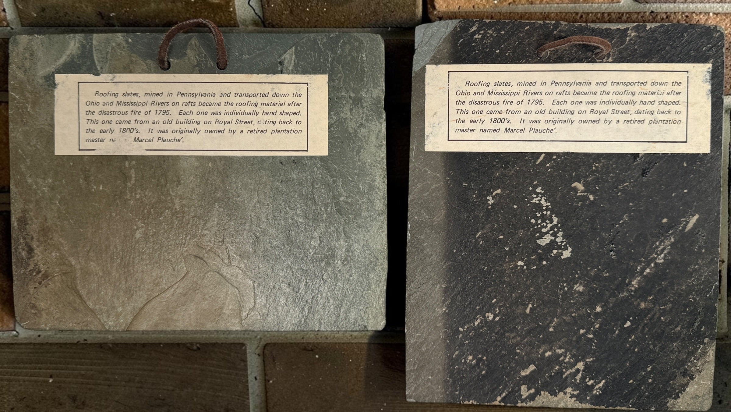 Vintage Archie C. Boyd New Orleans architectural prints mounted on reclaimed antique slate, featuring Preservation Hall and historic French Quarter scenes.