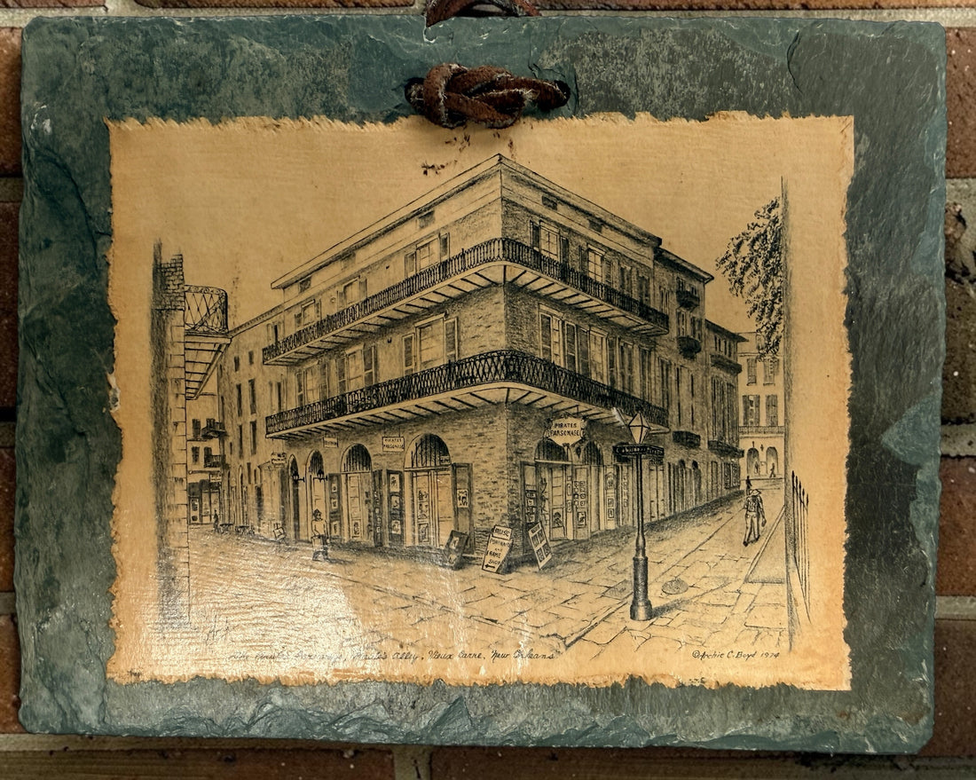 Vintage Archie C. Boyd New Orleans architectural prints mounted on reclaimed antique slate, featuring Preservation Hall and historic French Quarter scenes.