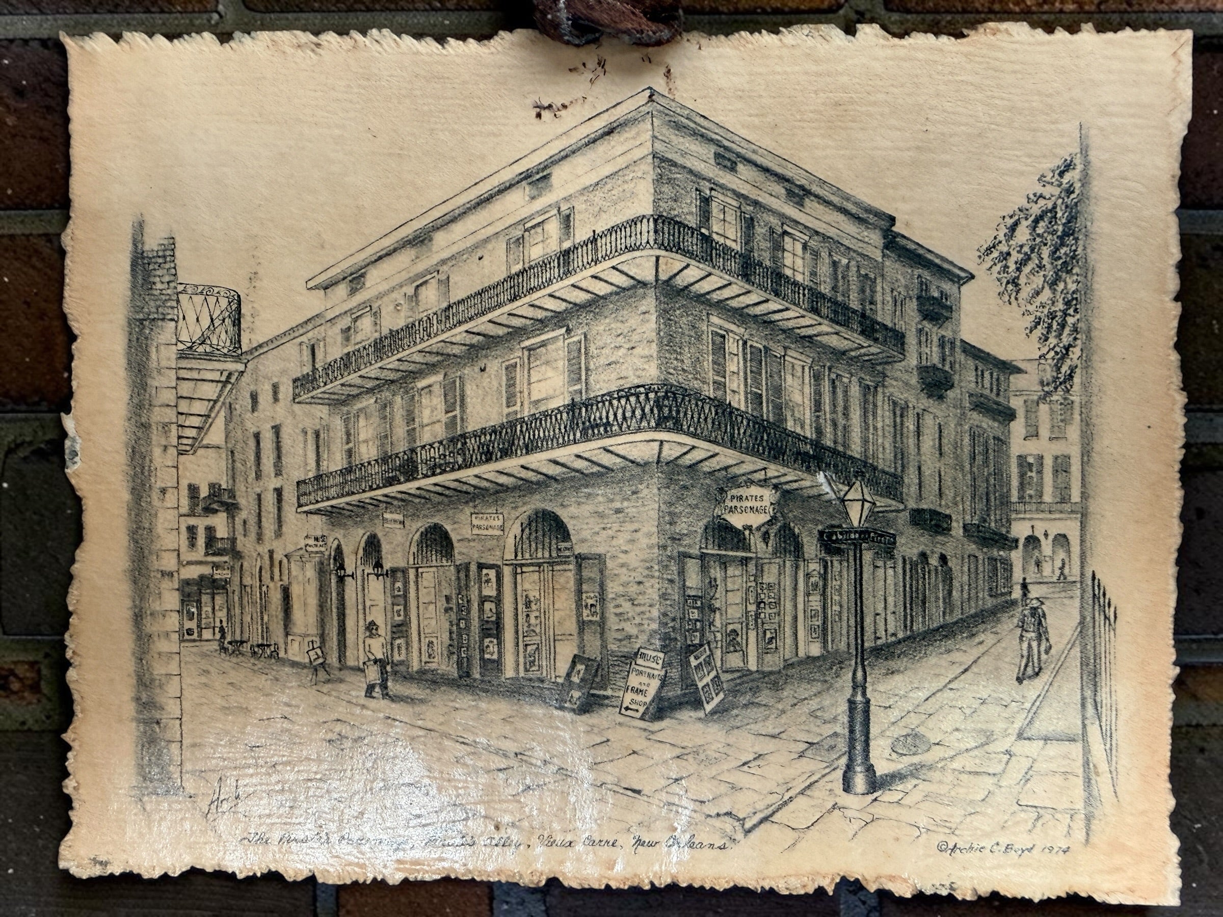 Vintage Archie C. Boyd New Orleans architectural prints mounted on reclaimed antique slate, featuring Preservation Hall and historic French Quarter scenes.