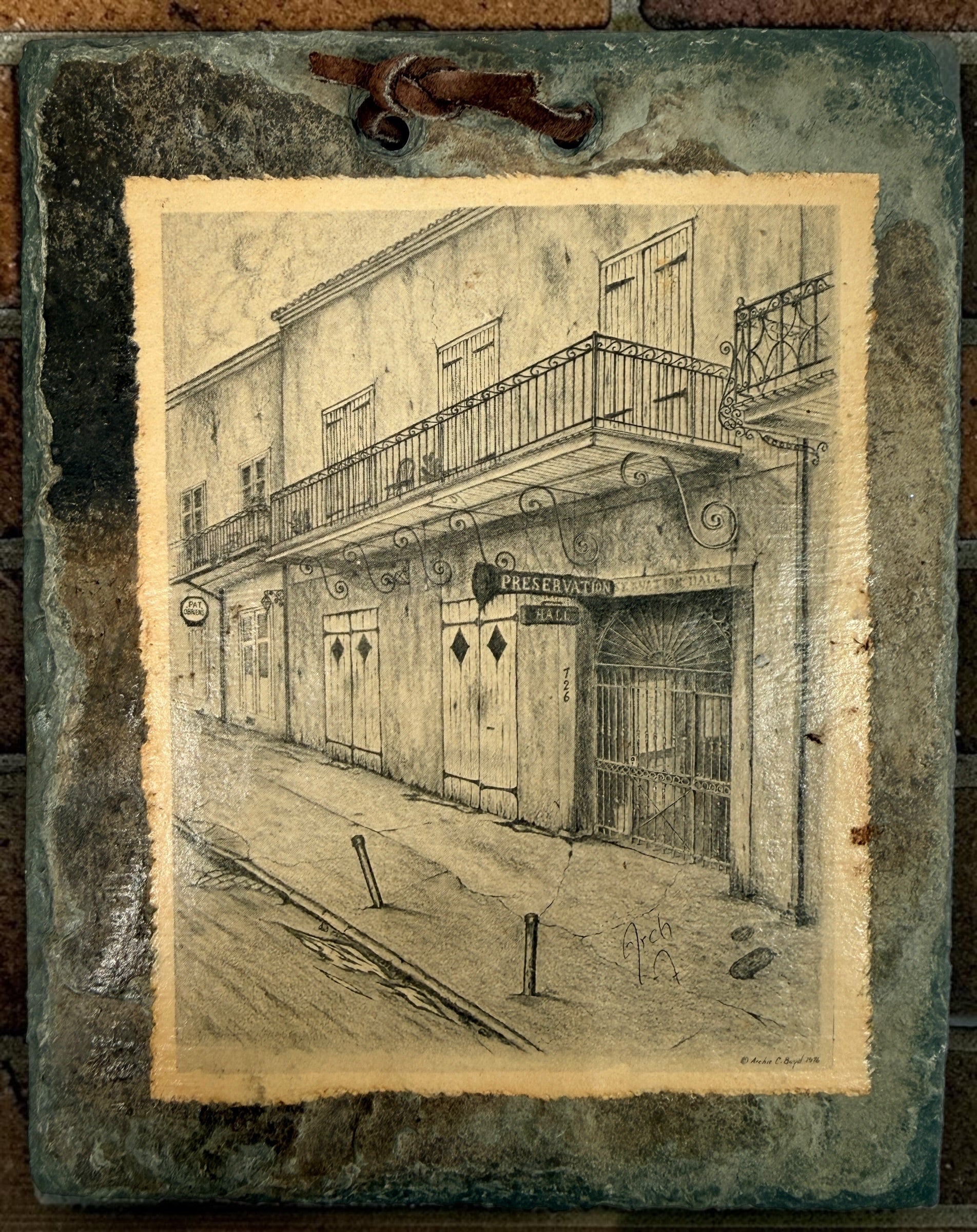 Vintage Archie C. Boyd New Orleans architectural prints mounted on reclaimed antique slate, featuring Preservation Hall and historic French Quarter scenes.