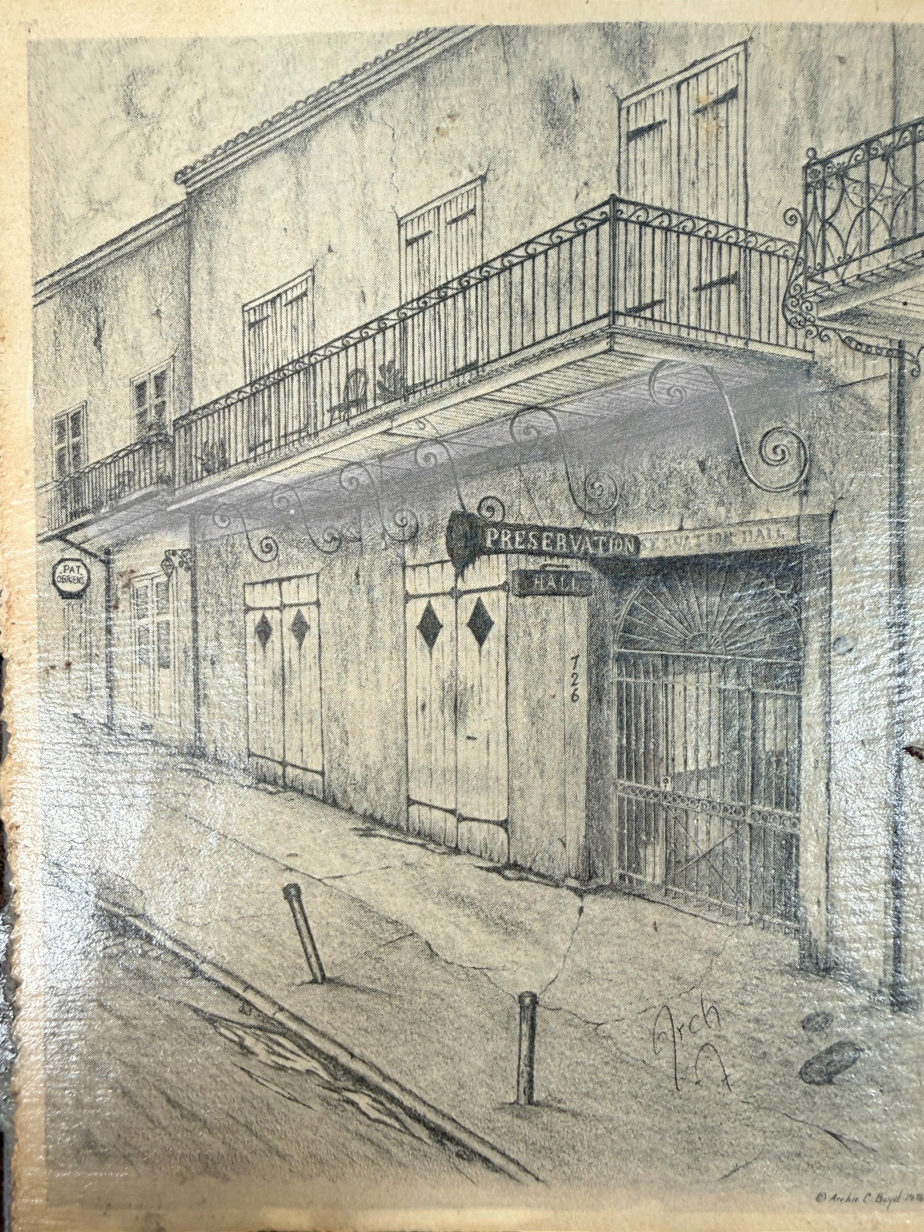 Vintage Archie C. Boyd New Orleans architectural prints mounted on reclaimed antique slate, featuring Preservation Hall and historic French Quarter scenes.