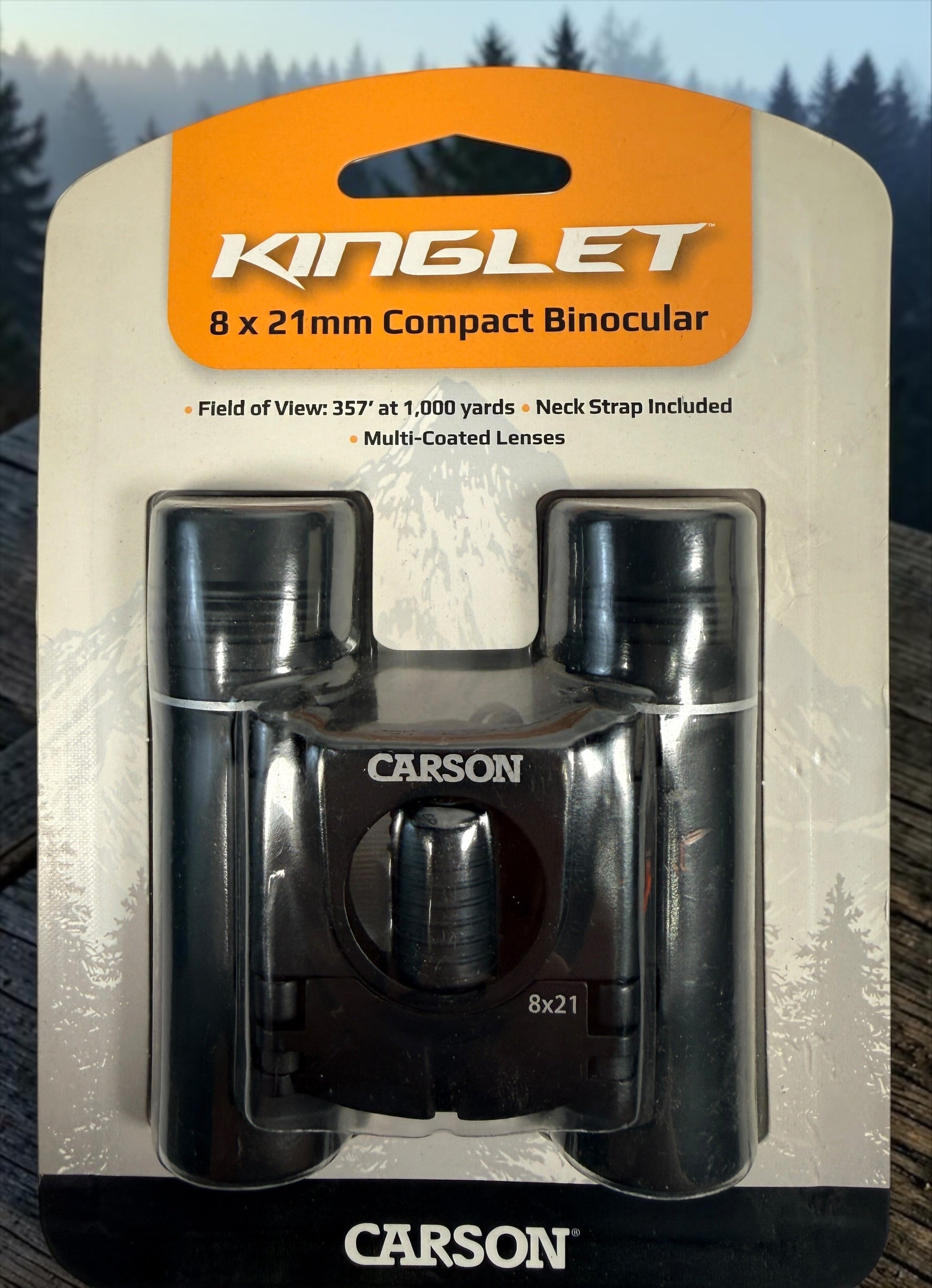 Carson Kinglet KB-821 8x21 compact binoculars with multi-coated lenses and neck strap. New and factory sealed in original packaging.