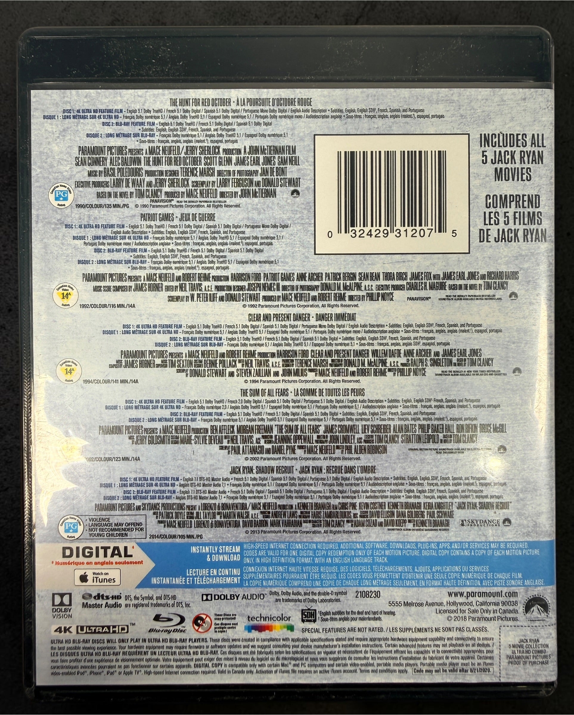 Jack Ryan 5-Film Collection on 4K UHD and Blu-ray. Complete 10-disc Paramount set featuring all five Jack Ryan films.