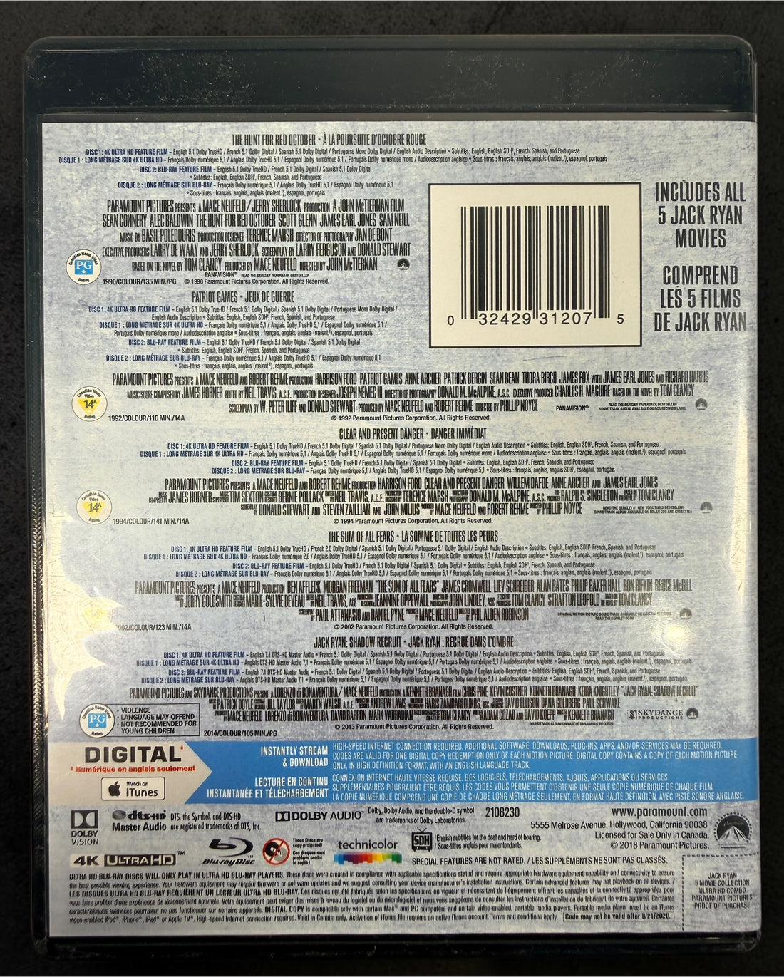 Jack Ryan 5-Film Collection on 4K UHD and Blu-ray. Complete 10-disc Paramount set featuring all five Jack Ryan films.