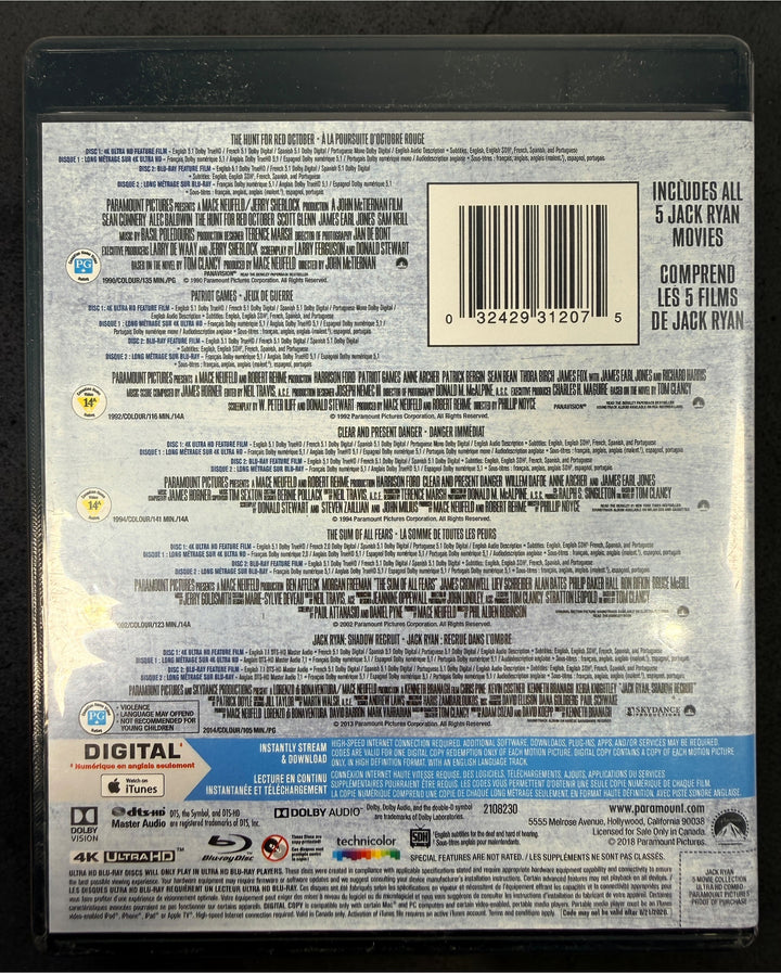 Jack Ryan 5-Film Collection on 4K UHD and Blu-ray. Complete 10-disc Paramount set featuring all five Jack Ryan films.