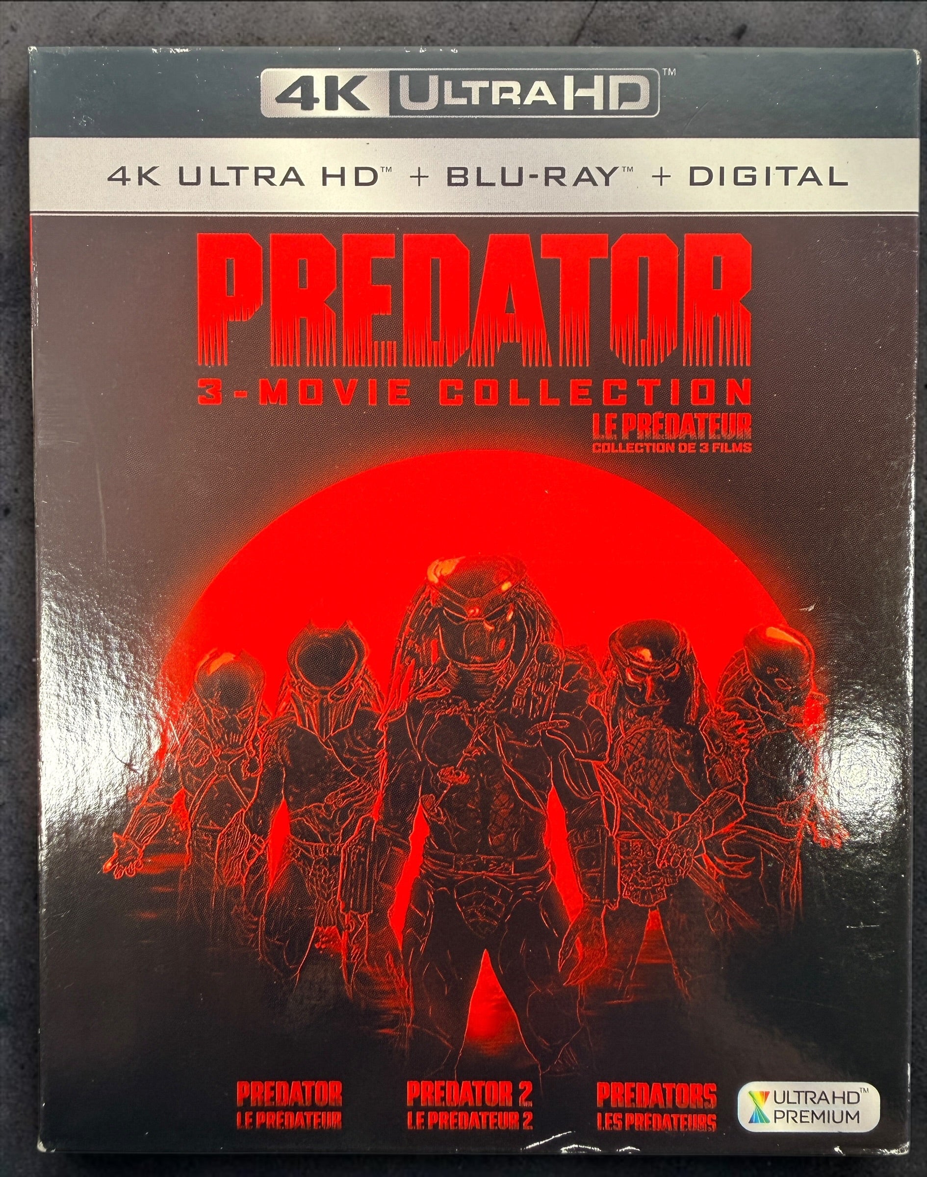Predator 3-Movie Collection with Predator, Predator 2 &amp; Predators. Complete 6-disc 4K UHD + Blu-ray set with original bilingual slipcover.