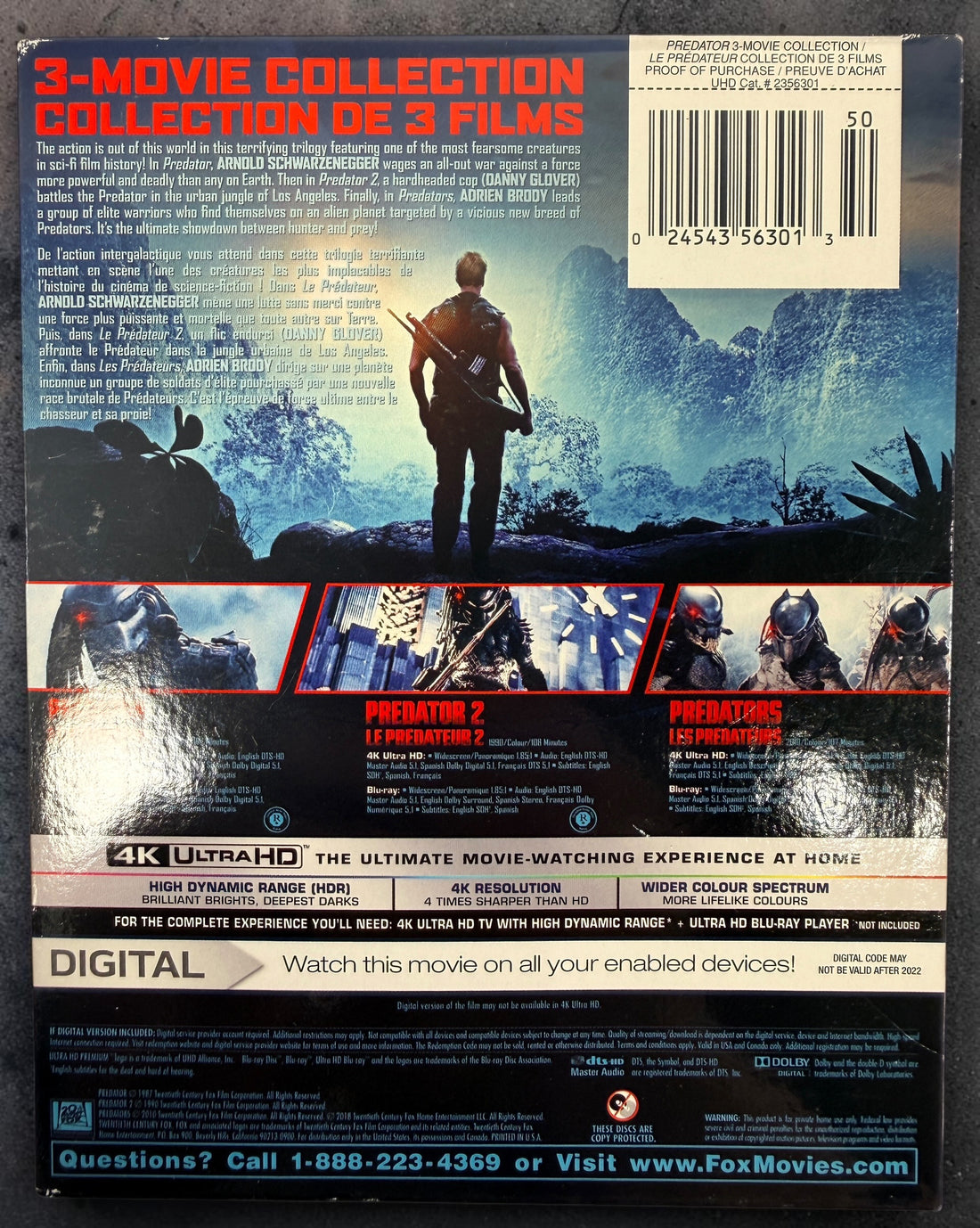 Predator 3-Movie Collection with Predator, Predator 2 &amp; Predators. Complete 6-disc 4K UHD + Blu-ray set with original bilingual slipcover.