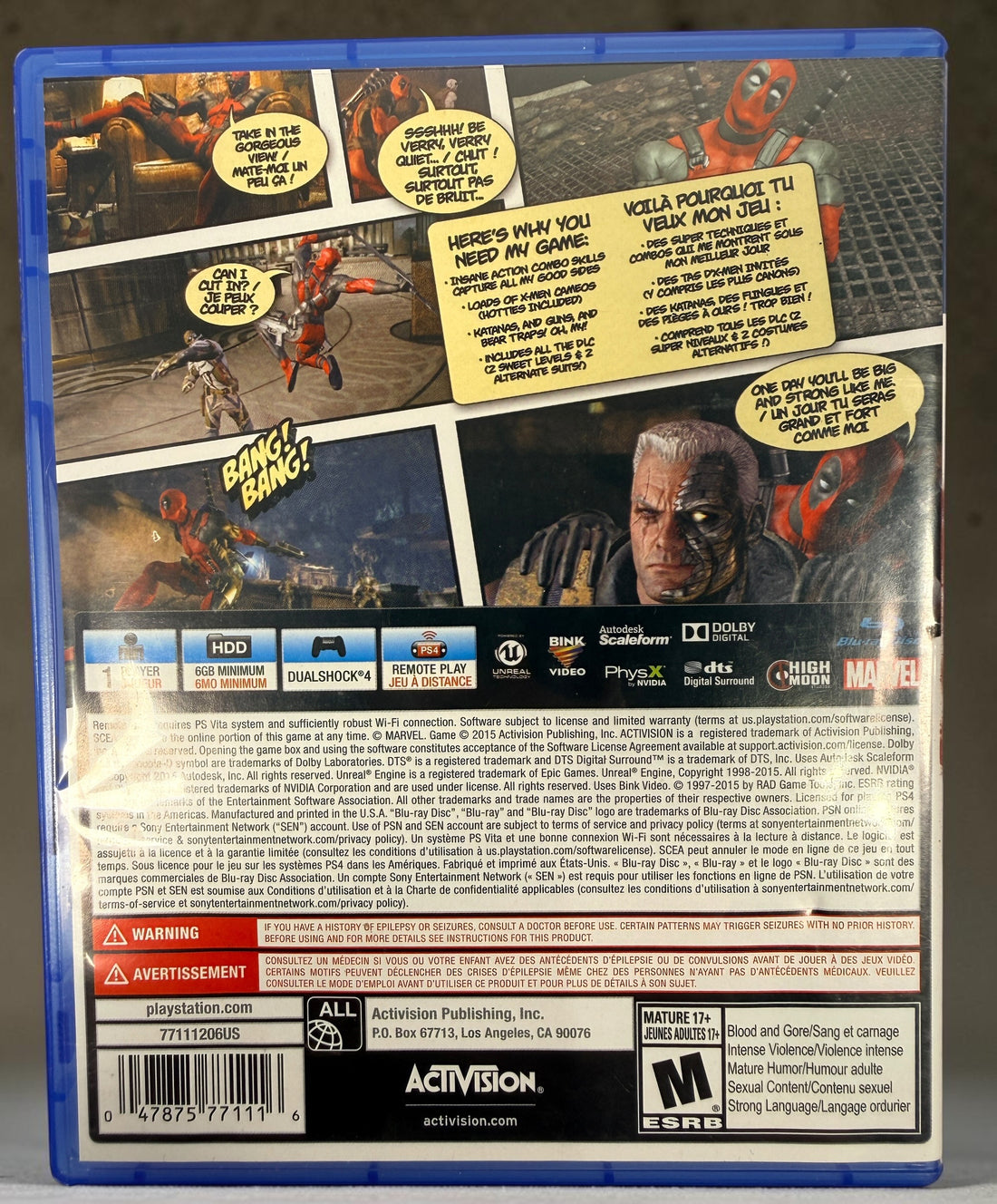 Rare Deadpool PS4 physical edition from Activision and High Moon Studios. 2015 Marvel action game with original case and disc.